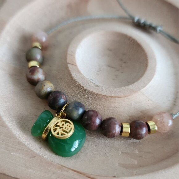 Dhanna Natural/Handmade Accessories - Adjustable Multicolor Jasper Bracelet with Green Jade Money Bag Charm